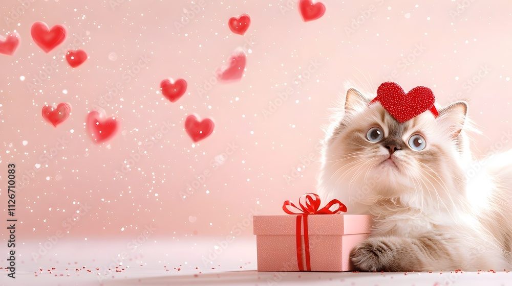 Poster a cat is laying on a table with a pink box in front of it