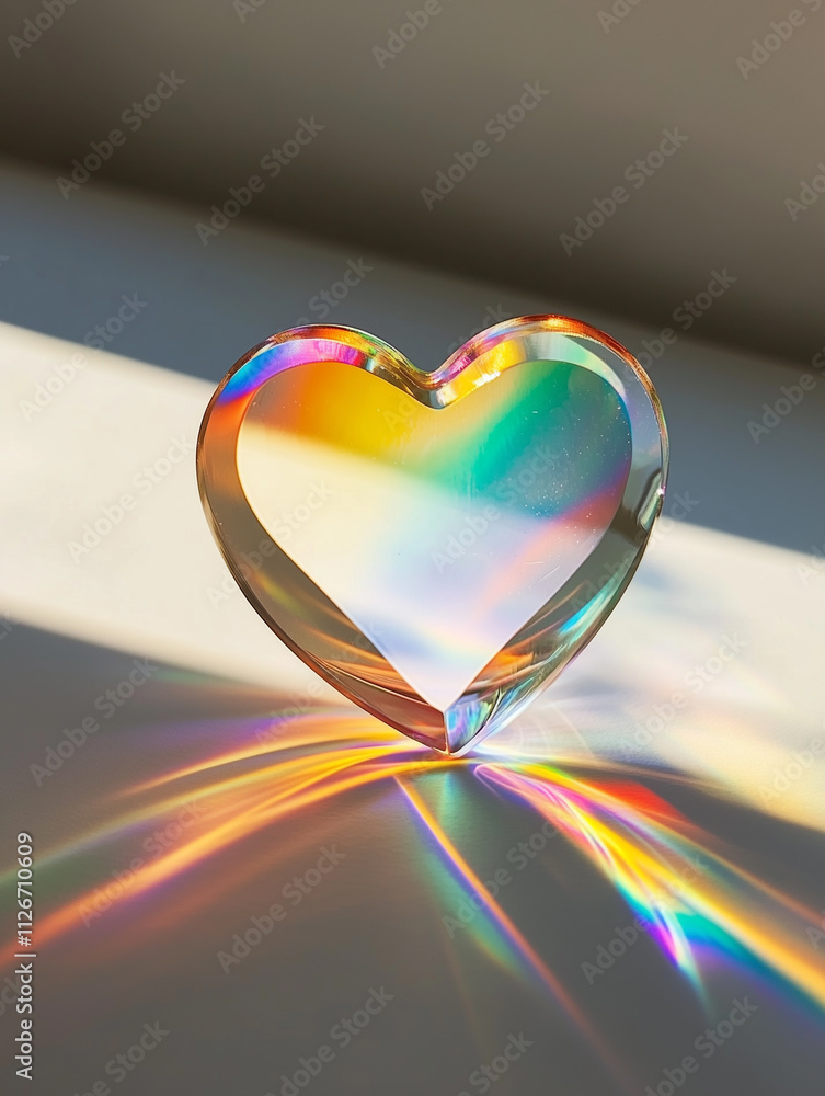 Poster heart-shaped rainbow prism creates a colorful reflection on a surface in soft light