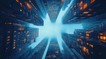 Obraz premium A dramatic view of towering skyscrapers reaching towards a misty sky.