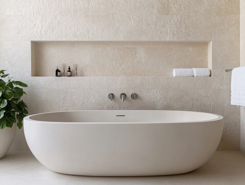 A minimalist luxury bathroom featuring a stylish freestanding bathtub against a serene stone backdrop.