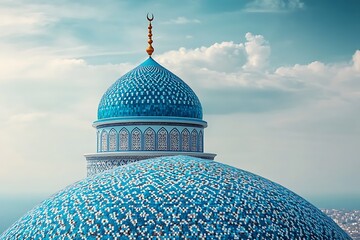 Blue mosaic domes of a mosque under a bright sky