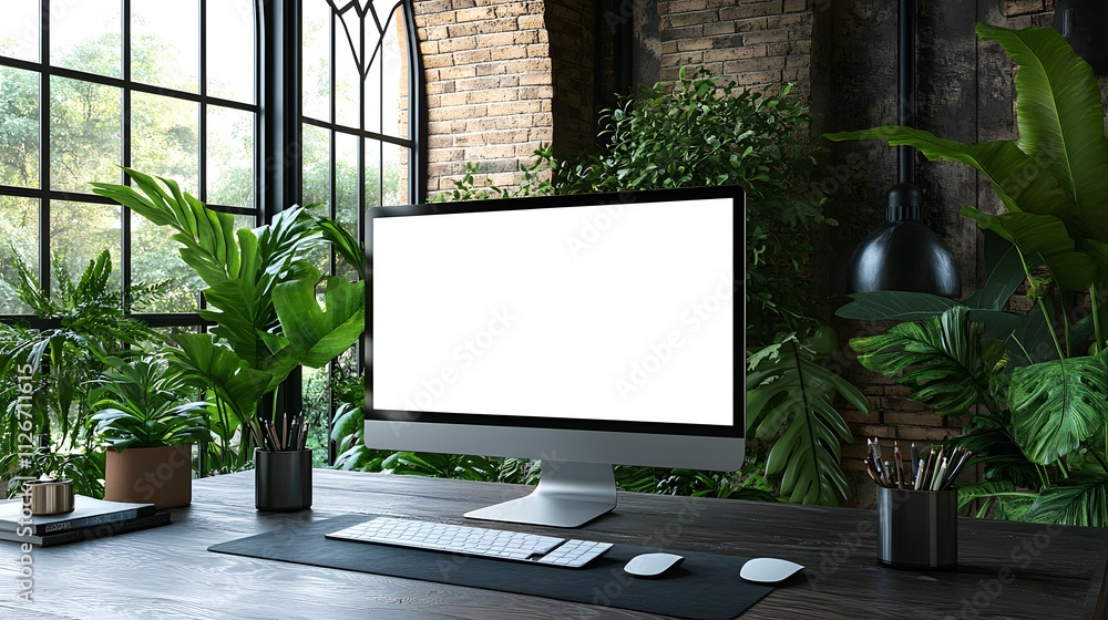 Poster modern workspace with blank computer screen and lush greenery