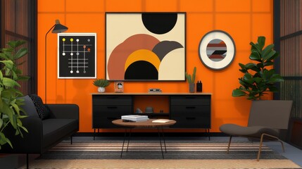 Modern Minimalist Living Room with Vibrant Orange Walls