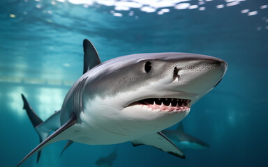 Naklejka premium Shark swimming gracefully in clear blue water at an underwater observatory in the ocean