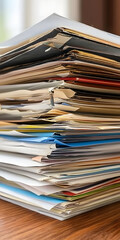 Pilha de arquivos e documentos coloridos em uma mesa