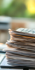 Pilhas de relatórios financeiros com uma calculadora