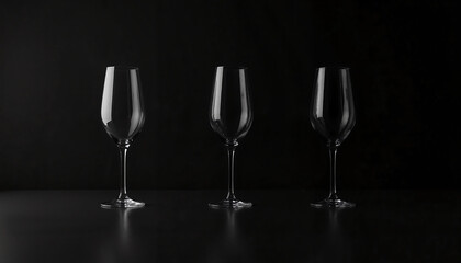 Three empty wine glasses on a dark background