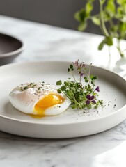 A poached egg with a runny yolk garnished with fresh herbs on a minimalist plate.