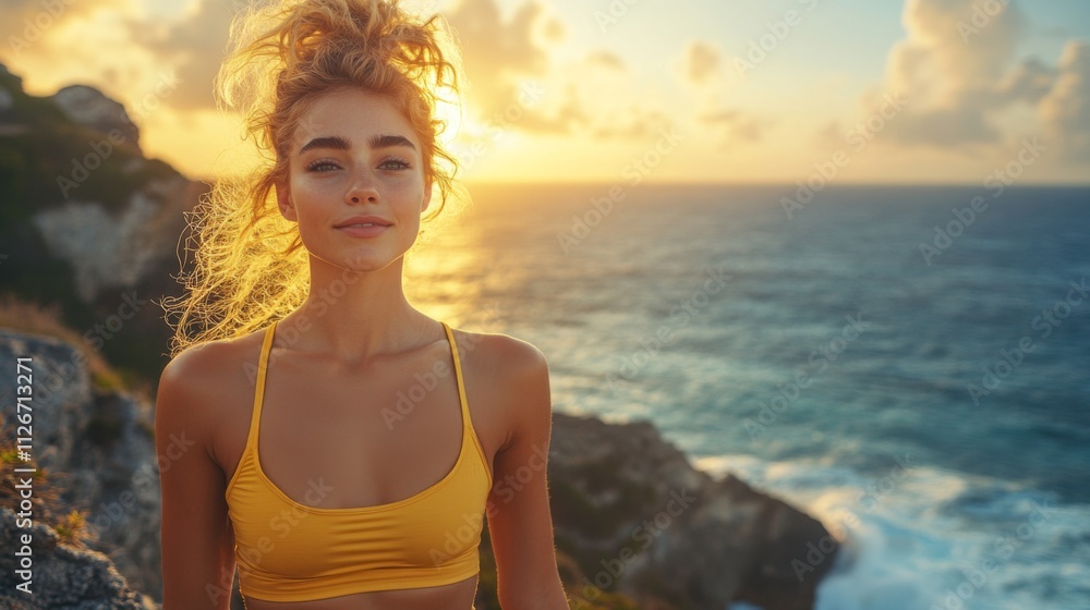 Aufkleber a person stands on a rocky seaside while the sun sets over the ocean, casting warm hues in the sky a