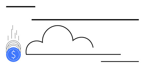 Blue digital currency coin with dollar symbol dropping into a cloud outline, surrounded by sleek lines. Ideal for fintech, cloud storage, digital transactions, cryptocurrency, minimalist design