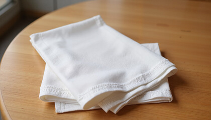 Folded white napkins on wooden table in natural light