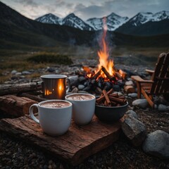 A romantic outdoor setup with two mugs of hot chocolate and a campfire in the background.