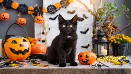 Adorable Black Cat Surrounded by Halloween Decor in a Festively Decorated Room Perfect for Spooky Season Celebrations and Halloween Party Themes