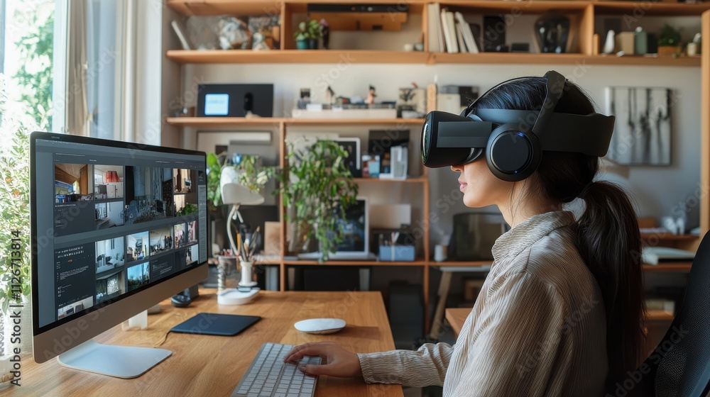 Poster modern home office integrated with augmented reality for remote and advanced functionality