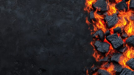 A fiery landscape featuring glowing embers and charred rocks against a dark, textured background.