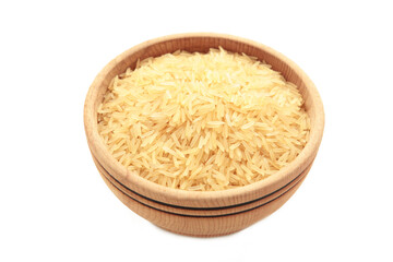 Rice grains on brown plate isolated on white background