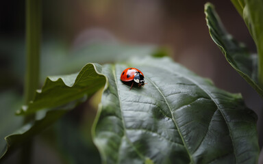 Ladybug resting on a green leaf in a garden setting during daylight