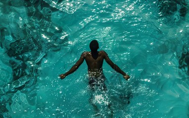 Fototapeta premium Tropical vacation poster. African American man standing in the water enjoying his slow cation in swimming pool, aerial view. Young black man with short hair relaxing, refreshing. Inclusivity concept