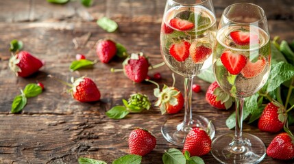 Romantic sparkling wine with strawberries and heart decorations for valentine s day celebration