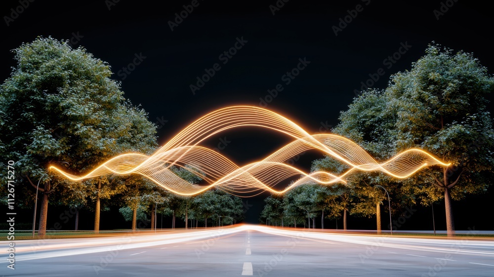 Poster a mesmerizing night scene with illuminated light trails creating wave patterns above a tree-lined ro