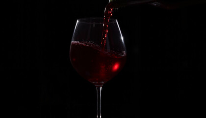 Red wine being poured into a glass in dark ambiance