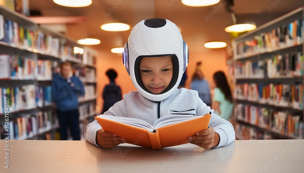 Poster cute surprised robot child discovers the wonders of reading in a cartoon style an android kids enthr