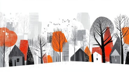 Stylized Winter Village Scene with Orange Accents