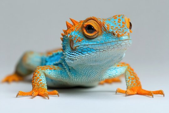 Colorful earless agamid lizard, also known as  acanthosaura, posing on a white background