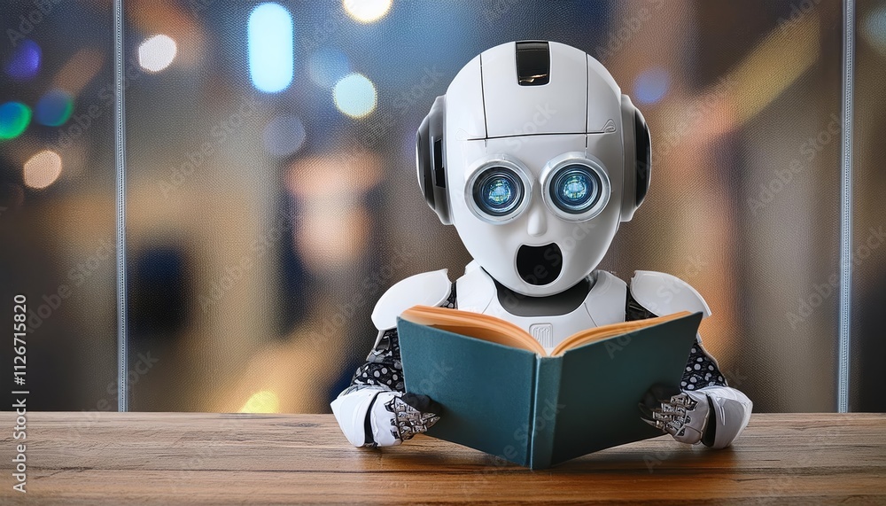 Poster cute surprised robot child discovers the joy of reading in a colorful cartoon world, embracing imagi