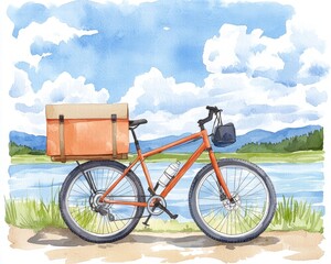Fototapeta premium A vibrant orange bicycle with a crate by a serene lake under a blue sky. busy and delivering theme watercolor style.