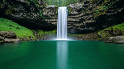 A breathtaking waterfall cascades into a serene turquoise pool, surrounded by lush greenery and towering rocky cliffs, creating a tranquil natural oasis.