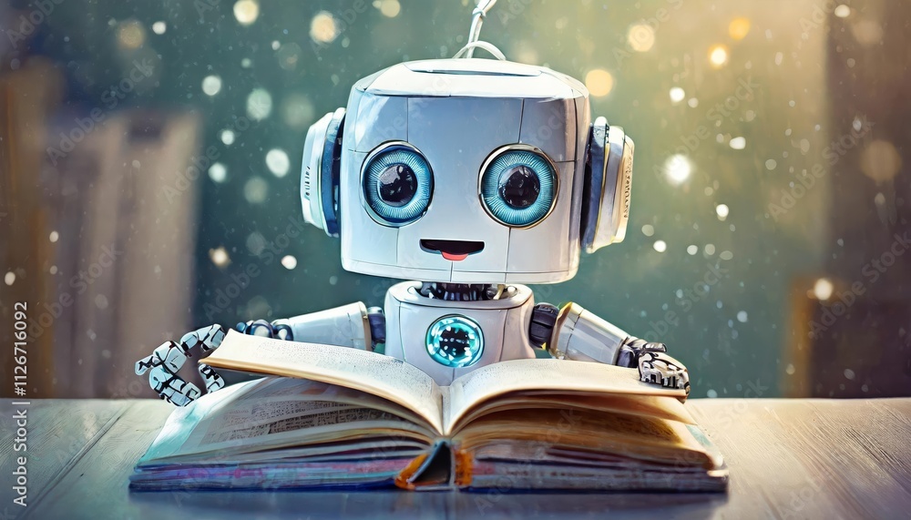 Poster adorable surprised robot child discovers a world of wonder through reading in a colorful cartoon sty