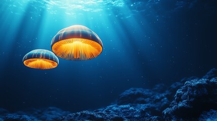 Two glowing jellyfish float serenely underwater, illuminated by beams of light filtering through the ocean surface.