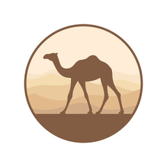 Camel in the desert graphic logo. Sign camel in a circle isolated on white background. Vector illustration