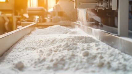 The texture of a powdery substance is highlighted in this close-up shot, as it pours into a container. 