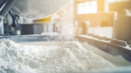 In a scene reminiscent of industrial production, a stream of milk powder pours into a rectangular metal container, creating a small mound.