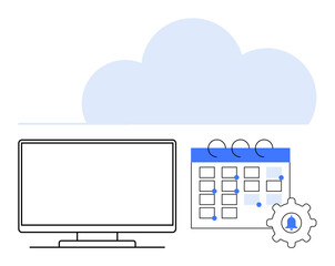 Computer monitor next to a calendar with cloud symbol above and a gear icon. Ideal for productivity apps, scheduling tools, time management, tech solutions, cloud computing, business planning