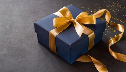 Elegant Dark Blue Gift Box with Gold Satin Ribbon on Dark Background A Perfect Birthday Surprise for Celebrating Special Moments and Creating Lasting Memories
