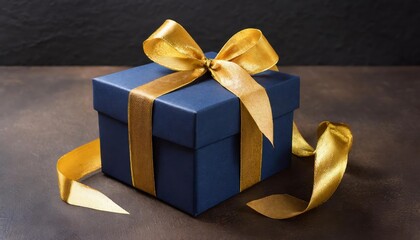 Elegant Dark Blue Gift Box with Luxurious Gold Satin Ribbon on Dark Background Perfect for Birthdays, Anniversaries, and Special Occasions
