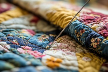 Fototapeta premium Artisan quilting process needle threading through floral quilt cozy workshop environment close-up perspective crafting tradition and techniques