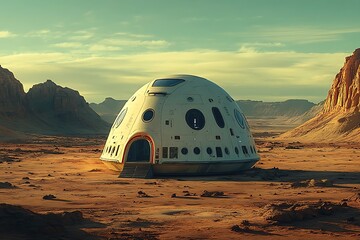 A futuristic spaceship dome rests on a desolate Martian landscape.