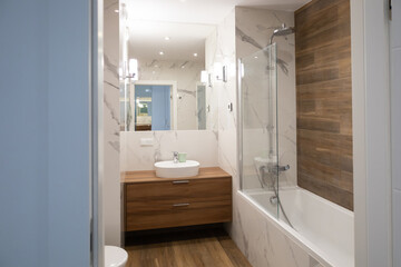 modern interior of bothroom with wood and marble