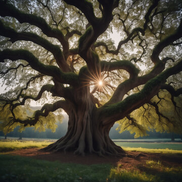 B&auml;ume - Alter Baum mit knorrigen &Auml;sten im Licht