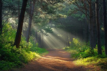 Fototapeta premium Sunlight filtering through a pine needle-covered forest path capturing nature's beauty and serenity in a tranquil environment inviting reflection and peaceful exploration