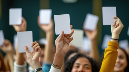 Enthusiastic participants raising answer cards during an interactive trivia session. Educational interaction, knowledge competition, brand activities, teamwork,Trivia Day
