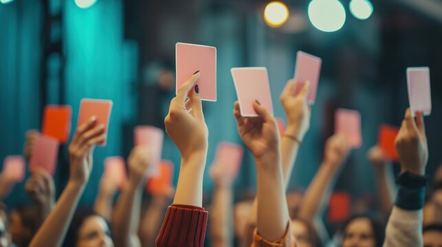 Enthusiastic participants raising answer cards during an interactive trivia session. Educational interaction, knowledge competition, brand activities, teamwork,Trivia Day