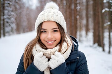 Young woman in warm clothes playing with snow outdoors in the winter with copy space.