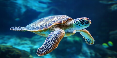 Fototapeta premium A detailed closeup of a stunning aquatic turtle gracefully swimming in clear blue waters, showcasing the beauty and elegance of aquatic turtles in their natural habitat.