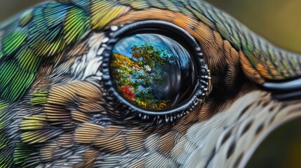 A bird's eye is shown with a reflection of a tree in the water. The reflection is blurry and the bird's eye is surrounded by feathers