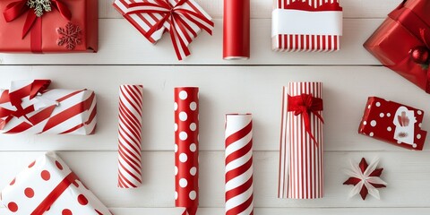Fototapeta premium Festive red and white theme Christmas gift wrapping featuring rolls of striped and polka dot gift paper, vibrant ribbons, and decorative gift tags displayed on a white wood table, enhanced with retro